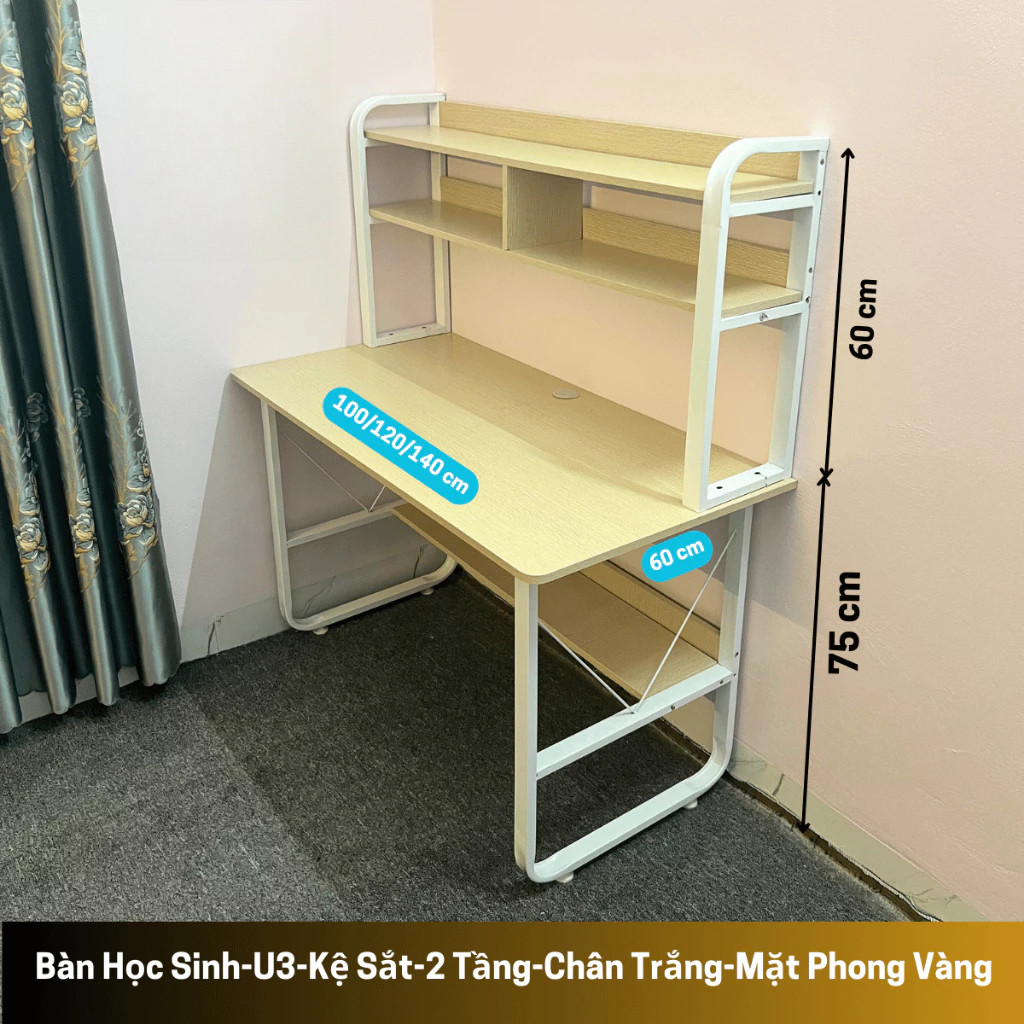 Bàn làm việc kệ sách, Bàn học 2 tầng kệ lửng, bàn chân sắt sơn tĩnh điện mặt gỗ MDF dày 15mm, màu sắc đa dạng | BigBuy360 - bigbuy360.vn