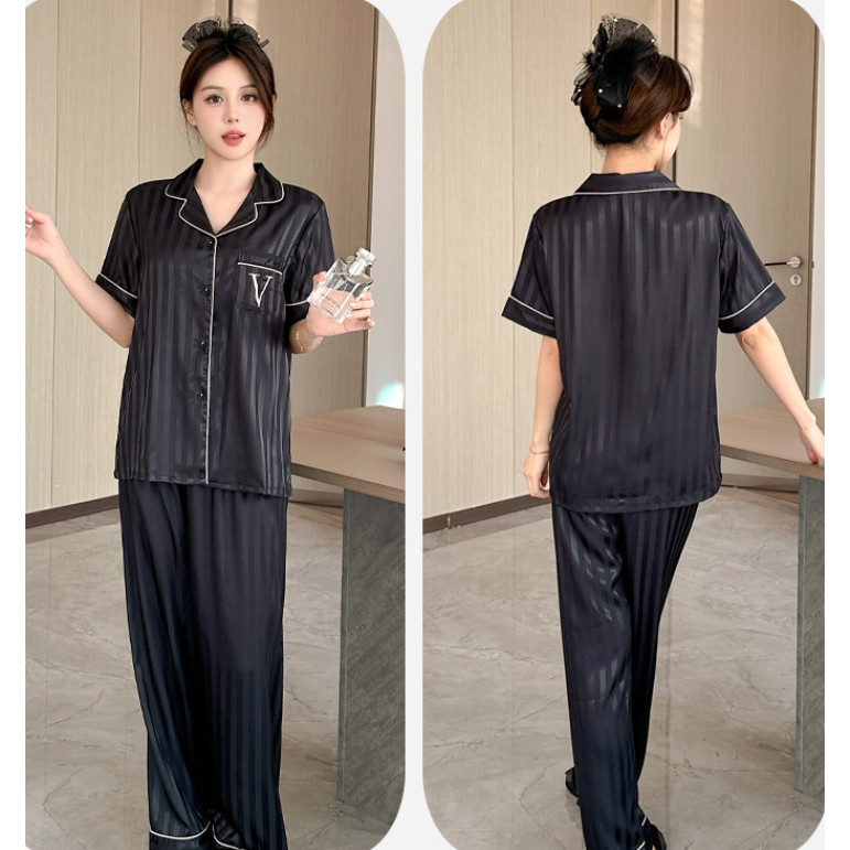 Victoria 's Secret phong cách nữ sọc jacquard băng lụa mỏng đồ ngủ quần ngắn tay bộ đồ gia đình NEIK