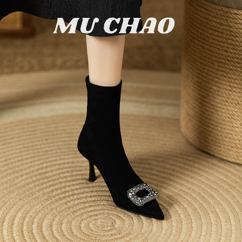 Muchao Pháp mũi nhọn mũi nhọn kim cương giả khóa vuông da lộn nữ mới mùa thu đông giày bốt cao gót đàn hồi mỏng