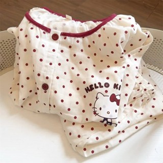 Tiingxuyu Sweet Polka Dot Hoạt Hình Hello Kitty Xuân Thu Mây Cotton Bộ Đồ Ngủ Dài Tay Bộ Đồ Nữ Phong Cách Hàn Quốc Homewear Mặc Ngoài