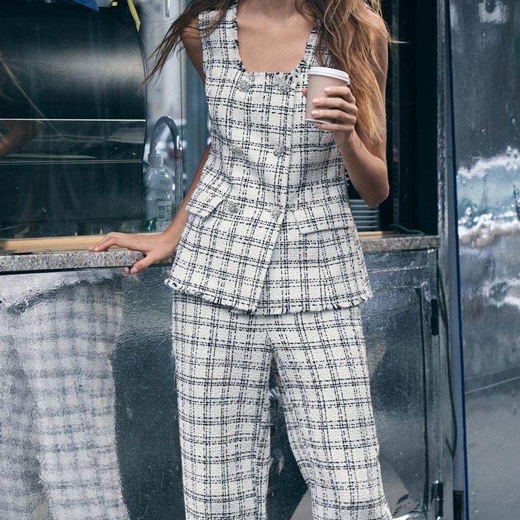 Áo gile Zara made in Morocco không tay caro và quần cùng bộ nữ