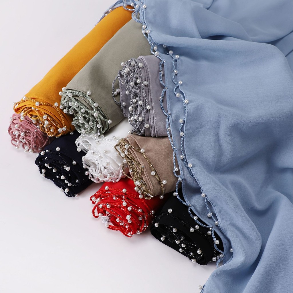 Jifang Khăn Voan Pashmina Đính Hạt Ngọc Trai, Khăn Quàng Cổ Hồi Giáo, Khăn Choàng Đầu Voan