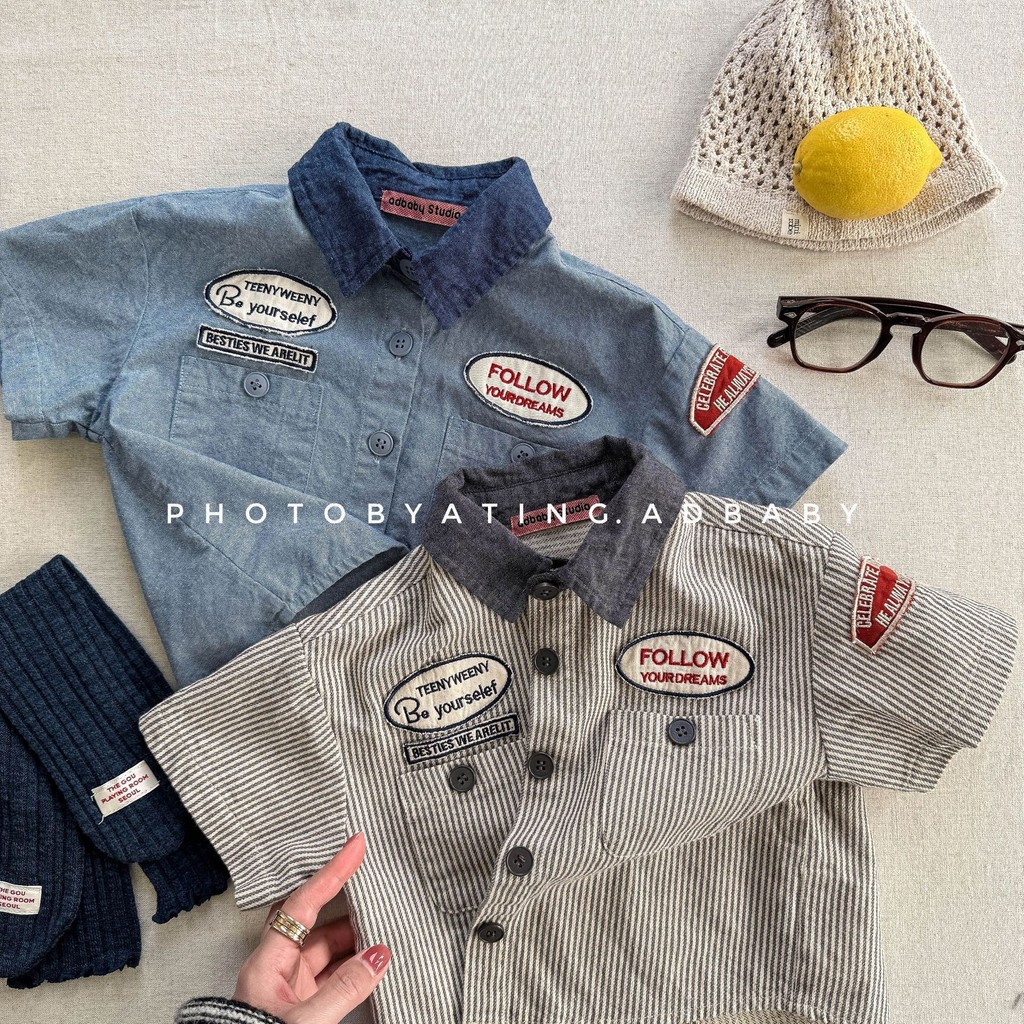 2025 Huzhou Zhili Quần Áo Trẻ Em Quần Áo Trẻ Em Denim Áo Sơ Mi Tay Ngắn Bé Trai Bé Gái Áo Sơ Mi 6250