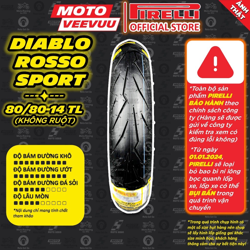 [MTVV] Vỏ lốp xe máy PIRELLI 80/80-14 TL Diablo Rosso Sport<END>