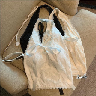  Mùa hè nơ ngọt ngào cổ chữ V áo vest bó sát ren hở lưng gợi cảm áo yếm không tay có miếng đệm ngực 