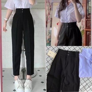 Quần Tây Nữ Lưng Cao Phối 2 Khuy Cài Dáng Baggy Đi Học Sinh Màu Đen Chất Vải Tuyết Mưa Trơn Dáng Dài 