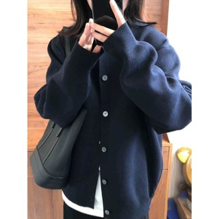  Áo Khoác Cardigan dệt kim dài tay màu xanh nước ngoài thời trang rộng rãi đơn giản phong cách Hàn Quốc mùa thu đông nữ 