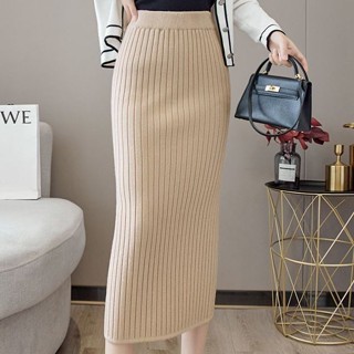 Váy ôm hông dài vừa Nữ Dệt Kim mẫu xuân thu Jiashucheng váy xẻ tà váy len cạp cao cạp cao váy ống đứng