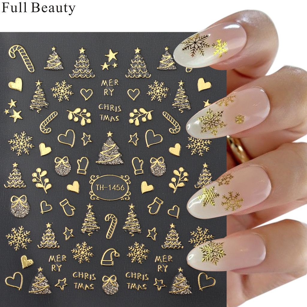 Full VẺ ĐẸP Giáng Sinh Làm Móng Tay Decal Vàng Bông Tuyết Cây Giáng Sinh Sleigh Dính Miếng Dán Móng Tay