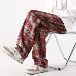 Quần flannel phong cách giáng sinh, quần kẻ sọc đỏ cho nam và nữ, quần ống rộng dài