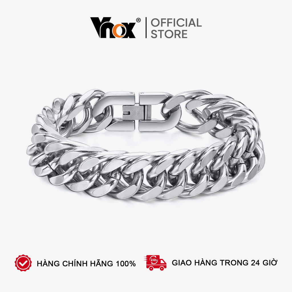 Vòng đeo tay VNOX thép không gỉ rộng 12/ 15mm kiểu xích màu bạc thời trang hip hop cho nam