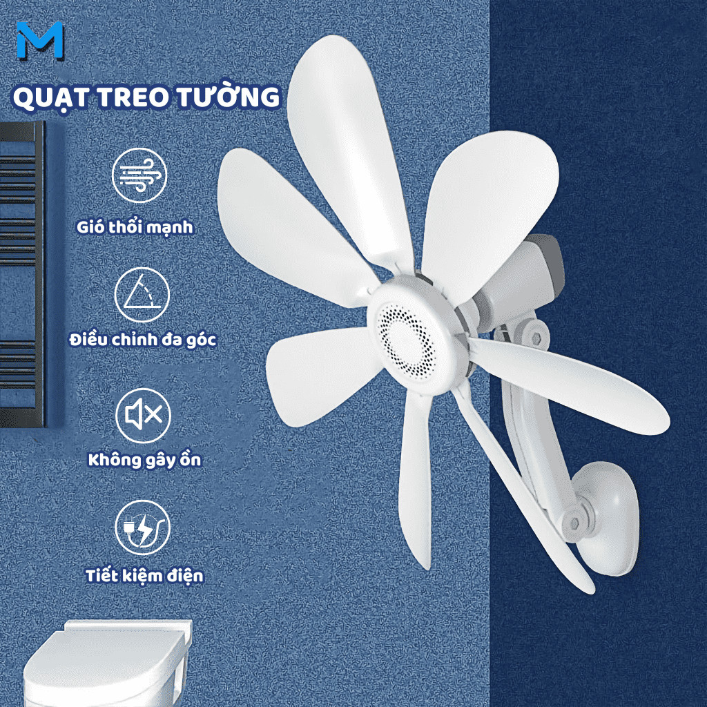 Quạt treo tường nhà tắm, nhà bếp, xoay 360 độ, có miếng dán siêu dính, lắp đặt không cần khoan
