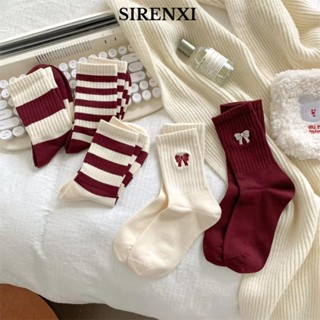 Sirenxi Nữ Co Giãn Sọc Tất, Cotton Nơ Đỏ Tuyết Boot Tất, Mùa Đông Dày Dệt Kim Giữa Ống Tất Quà Tặng Giáng Sinh