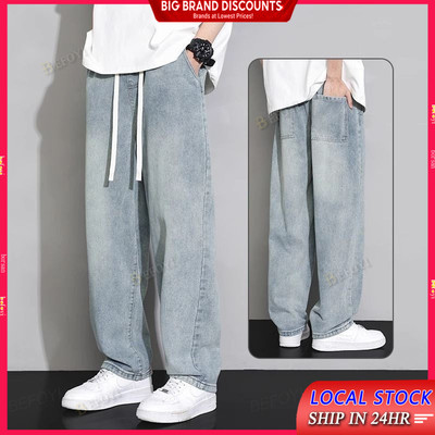 Quần jean nam phong cách Hồng Kông quần ống thẳng dáng rộng xu hướng eo cao ống rộng thương hiệu hợp thời trang eo dây rút chống mài mòn quần thường ngày ZT058