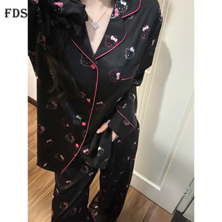 Bộ đồ ngủ satin Ice Silk dễ thương Hello Kitty cho phụ nữ mùa xuân và mùa thu, thanh lịch, thân thiện với làn da