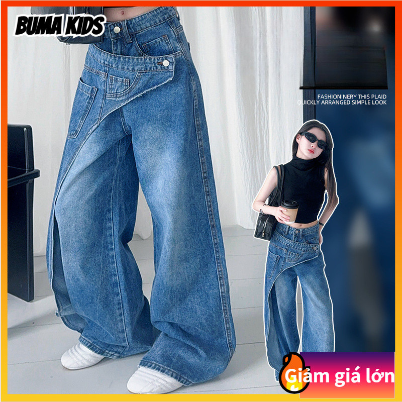 BUMA KIDS🔥Cô Gái Mỹ Retro trật khớp deconstruction lỏng thẳng rộng chân quần