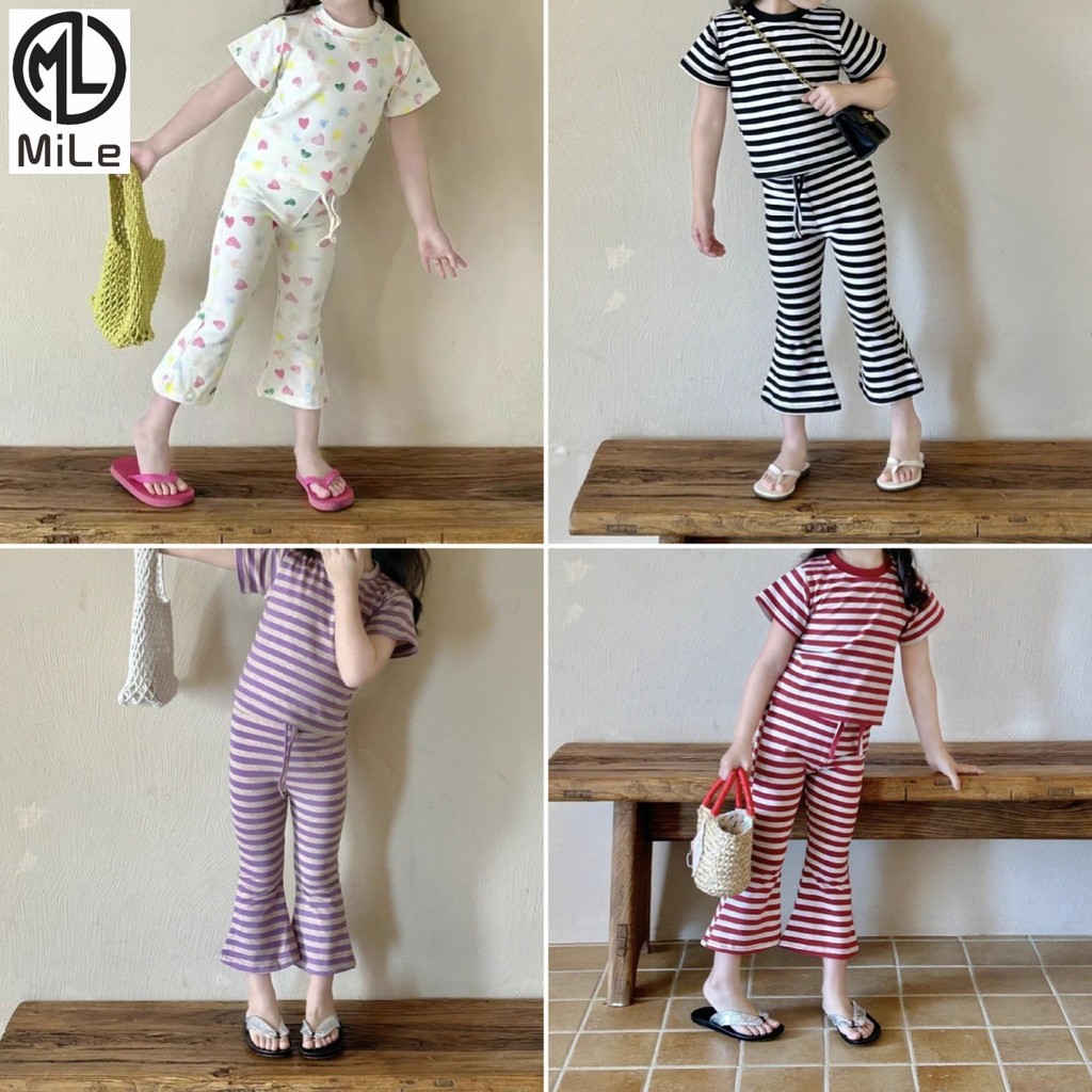 [Ml] 90-140cm Phiên bản Hàn Quốc Áo thun ngắn tay bé gái Phong cách mới Quần áo mùa hè Trung nhỏ Trẻ em Quần áo trẻ em Bộ đồ sọc hàng đầu Bộ đồ hai mảnh thông thường