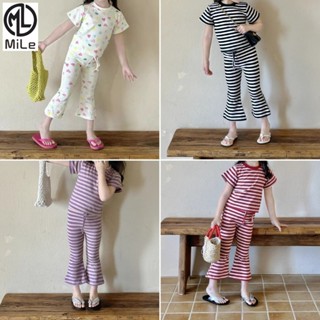 [Ml] 90-140cm Phiên bản Hàn Quốc Áo thun ngắn tay bé gái Phong cách mới Quần áo mùa hè Trung nhỏ Trẻ em Quần áo trẻ em Bộ đồ sọc hàng đầu Bộ đồ hai mảnh thông thường
