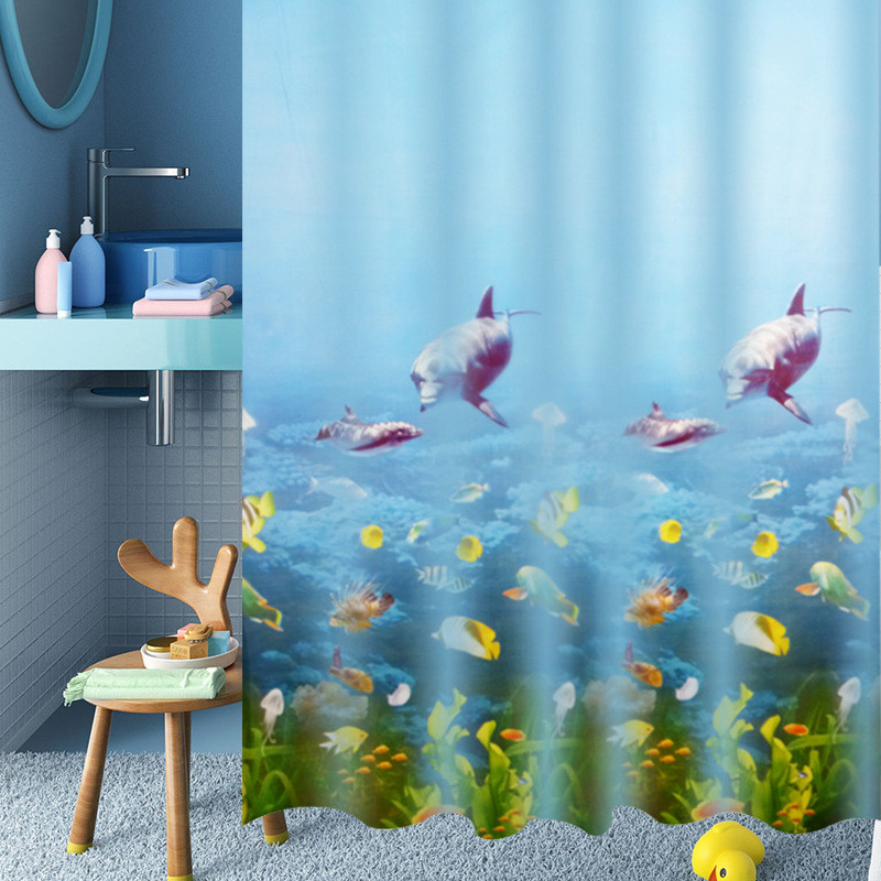 PEVA Shower Curtain Ocean World Digital Printing Bathroom Curtain Punch-Free Waterproof and Mildew-P