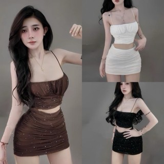 Set đồ nữ, Áo 2s thun lưới đính đá bling phối chân váy ôm ngắn nhún cá tính quyến rũ, Set váy lưới đá sexy đi chơi đi