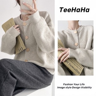 Áo cardigan len Áo mùa đông Áo len dệt kim màu trơn một hàng cúc cảm giác thiết kế Áo Khoác Cardigan cổ tròn rộng rãi áo thu đông