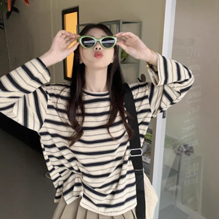 Áo phông dài tay cổ tròn, áo thun tay dài kẻ ngang Nam Nữ thu đông M149 ko