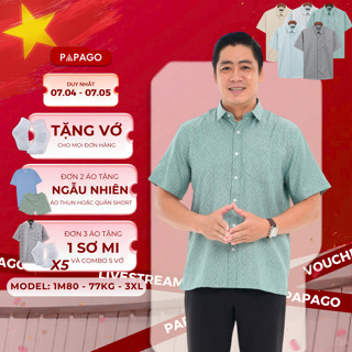 Áo sơ mi nam trung niên PAPAGO tay ngắn vải xô đũi form rộng thoáng mát lai ngang in họa tiết - P24SNHT008