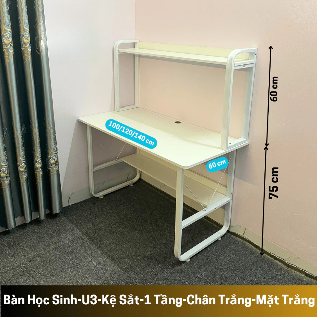 Bàn làm việc kệ sách, Bàn học 2 tầng kệ lửng, bàn chân sắt sơn tĩnh điện mặt gỗ MDF dày 15mm, màu sắc đa dạng | BigBuy360 - bigbuy360.vn