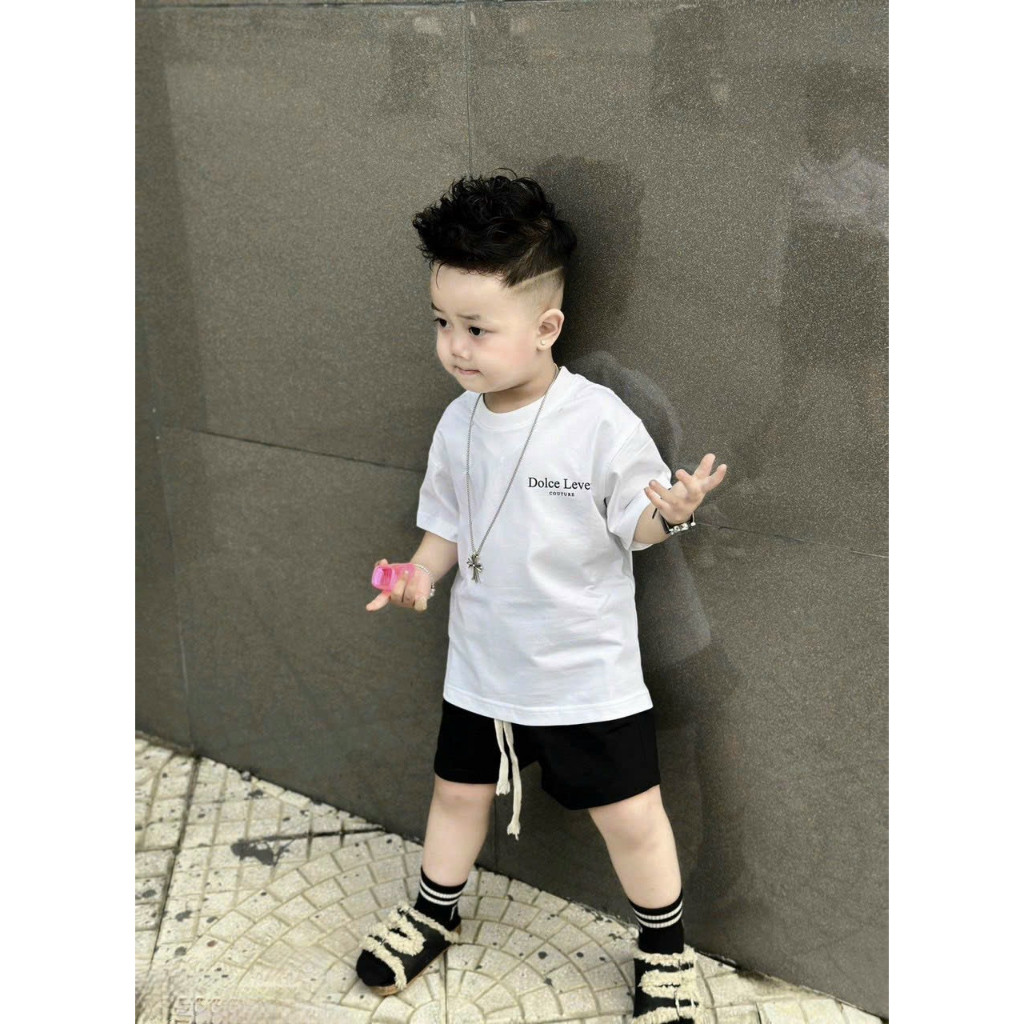 Set áo phông dolce level + quần short trơn bé trai , bộ áo thun quần cộc trẻ em unisex , Kid_genz