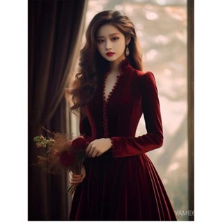 Váy liền nhung màu đỏ tía cao cấp kiểu Pháp K4477 lễ phục dự tiệc siêu đẹp độc đáo mùa đông cho nữ váy dài khí chất 4WHA