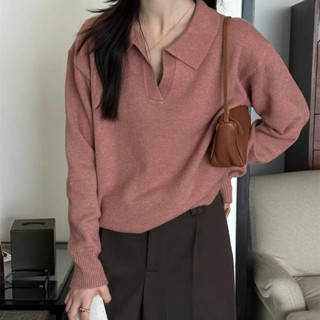 Áo thun cổ Polo mùa thu đông dành cho nữ Áo dệt kim dài tay gió lười