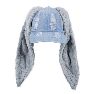Mũ bảo vệ tai mùa thu đông múa tai thỏ denim Mũ bóng chày nhung lót nhung đáng yêu