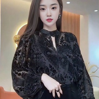  Áo sơ mi dài tay ren tích cực và tiêu cực dành cho nữ Cảm giác cao cấp Rỗng gạc khâu chạm khắc giảm tuổi 