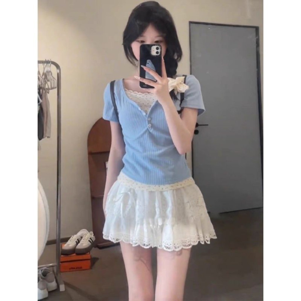 Meet-Adm Bộ Áo Thun + Chân Váy Nữ Bộ Đồ Hai Mảnh Viền Ren Thời Trang Mùa Hè Mới | BigBuy360 - bigbuy360.vn