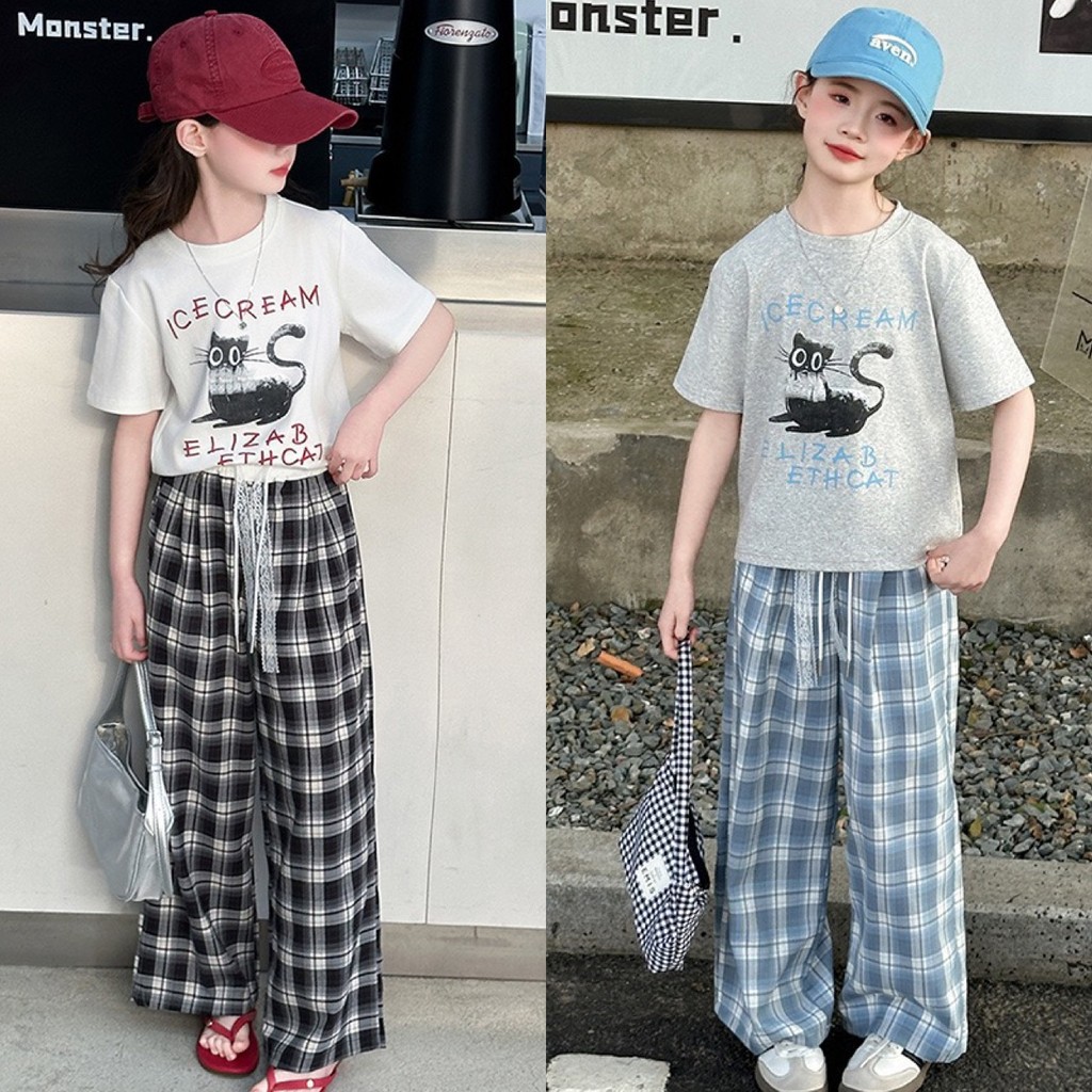 NANA CHAN - Sét áo thun + quần kẻ thô suông bé gái size đại 120-170 SG245, thời trang trẻ em cao cấp
