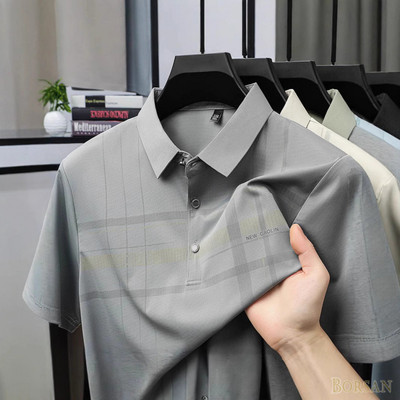 Áo thun nam lụa băng ngắn tay đáy áo sơ mi sọc In hình dáng rộng cổ áo Polo công sở thoải mái khô nhanh Plus kích thước còn hàng LY07