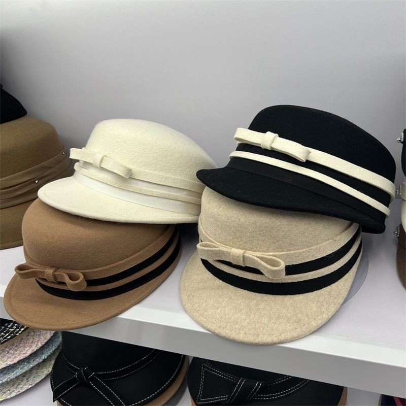 [Tian Yao] Thu Đông Nhật Bản Len Mũ Nhỏ Hàng Đầu Màu Sắc Tương Phản Nơ Thắt Nơ Mũ Cưỡi Ngựa Mũ Mua Sắm Mũ Thời Trang Nữ Nhìn Mặt Nhỏ