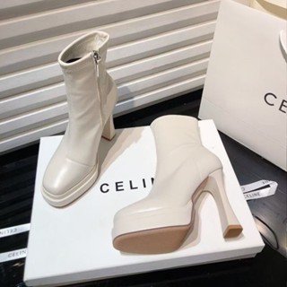 Giày cao gót nữ Bốt ngắn có khóa kéo bên đế dày mũi vuông cỡ 34-39