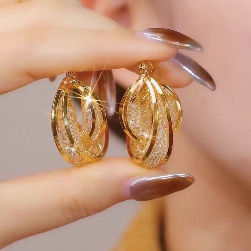 Hoa tai thiết kế khí chất độc đáo thời trang cao cấp bông tai vòng lưới rỗng