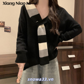 Xiang Nian Ni Phong Cách Hàn Quốc Mới Phong Cách Lười Màu Sắc Tương Phản Áo Len Cổ Chữ V Khăn Cổ Dày Mềm Mại Dính Dài Tay Áo Len
