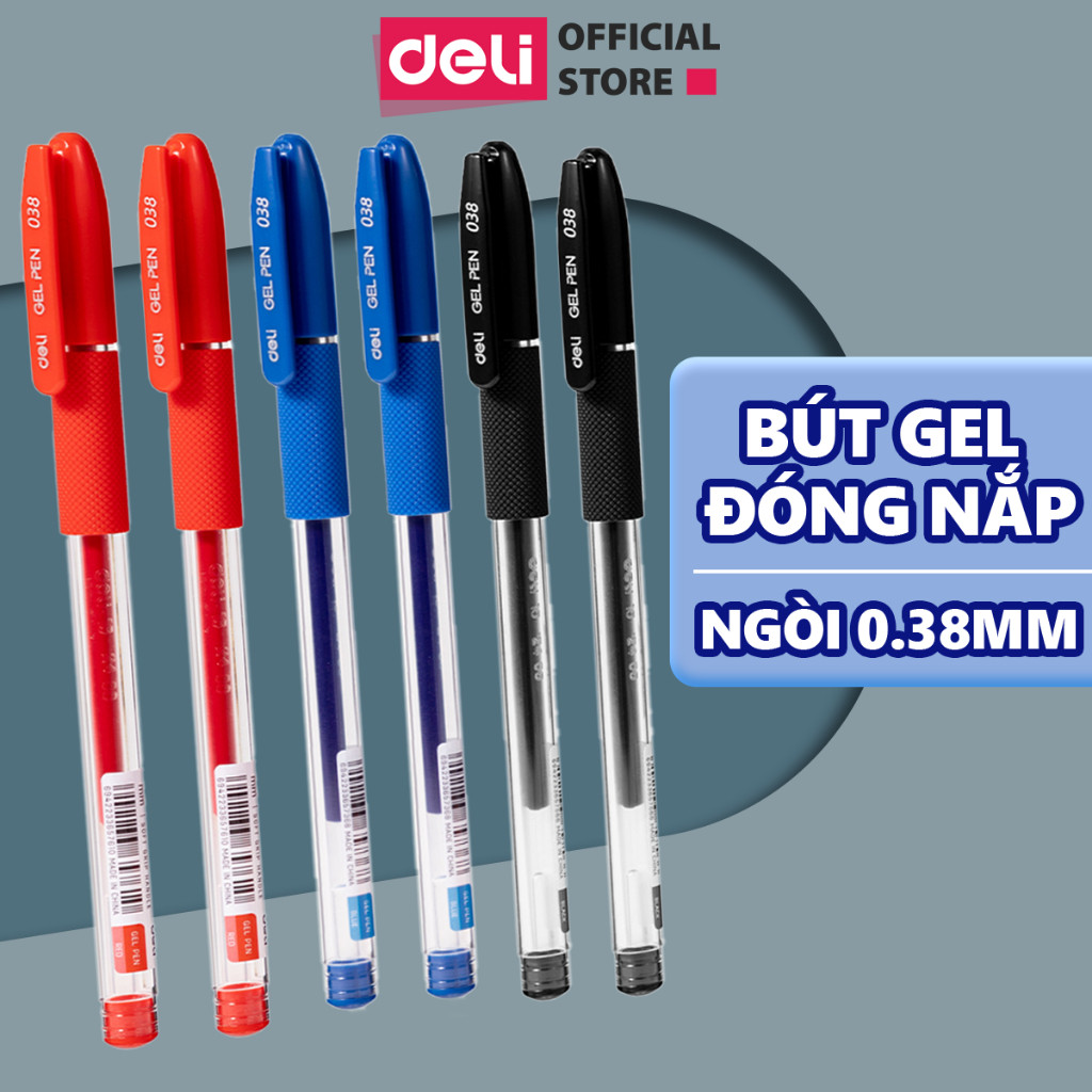 Bút Gel Nước Deli Mực Xanh, Đen, Đỏ Ngòi 0.38mm Có Đệm Tay Bút Bi Nước Cho Học Sinh Văn Phòng Mực Nhanh Khô Viết Trơn