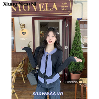 Xiang Nian Ni Nữ Top Giả Hai Mảnh Chắp Vá Kẻ Sọc Dài Tay Thiết Kế Cảm Giác Áo Cardigan Thanh Lịch