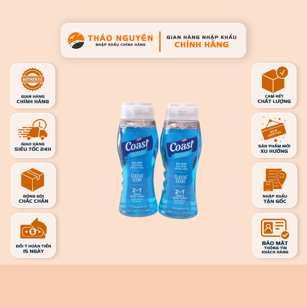 Sữa Tắm Gội Cho Nam COAST 532ml Hair&Body 2in1, Sữa tắm gội nam Coast 532ml chai trong