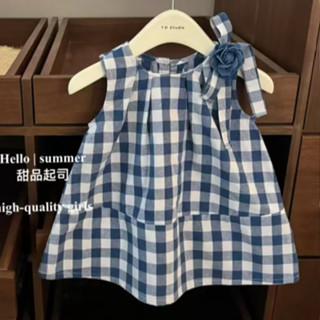  Thích hợp cho bé nặng 5-28kg váy kẻ sọc xanh trắng áo vest không tay chân váy hoa 