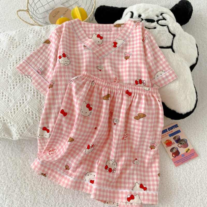 Mây Cotton Hoạt Hình Bộ Đồ Ngủ Dễ Thương Cổ Chữ V Bộ Đồ Ngủ Nữ Thời Trang Mùa Hè Quần Short Tay Ngắn