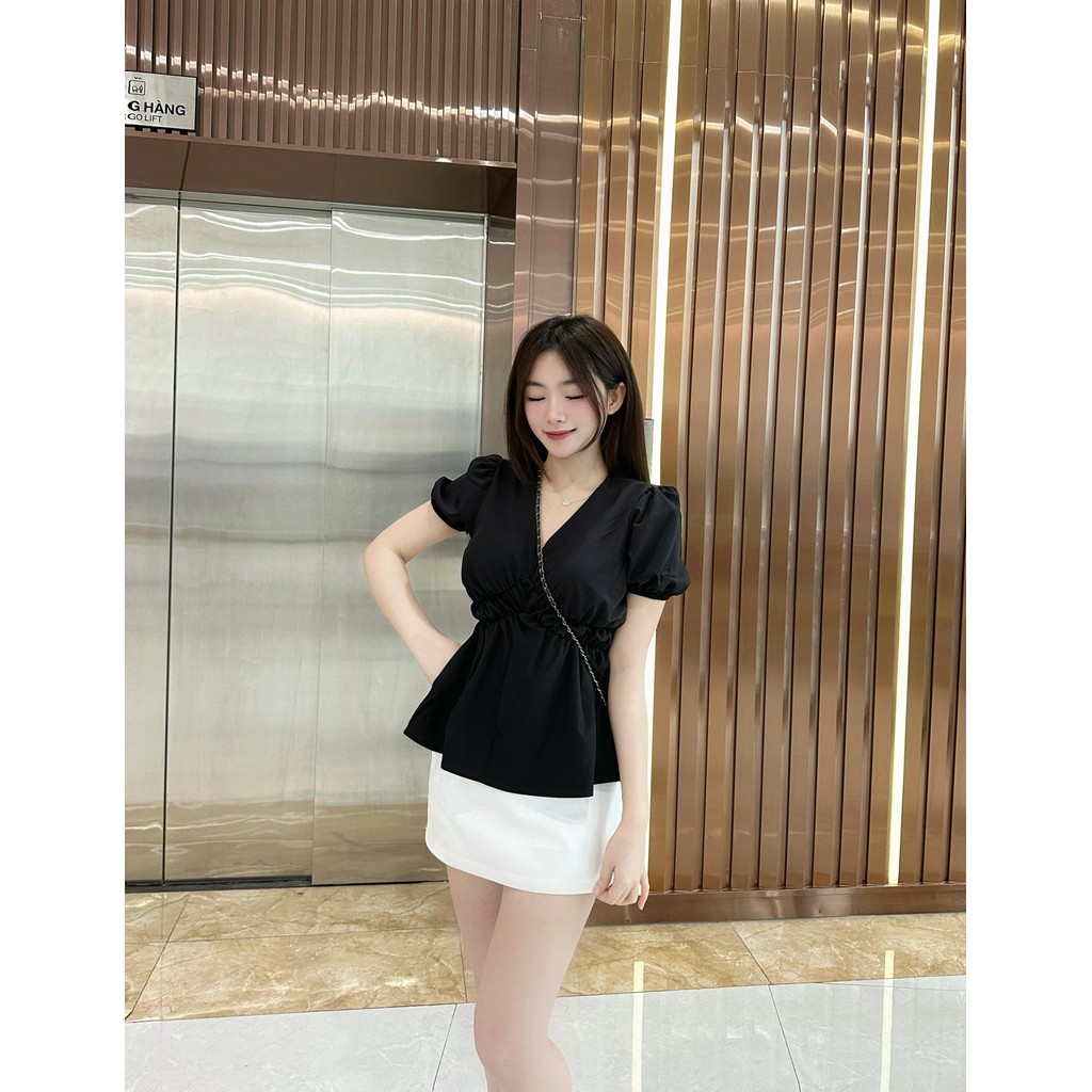 MS086 Áo sơ mi nữ kiểu babydoll bo chun thân cộc tay dễ thương chất thô mềm mát thấm hút mồ hôi | BigBuy360 - bigbuy360.vn