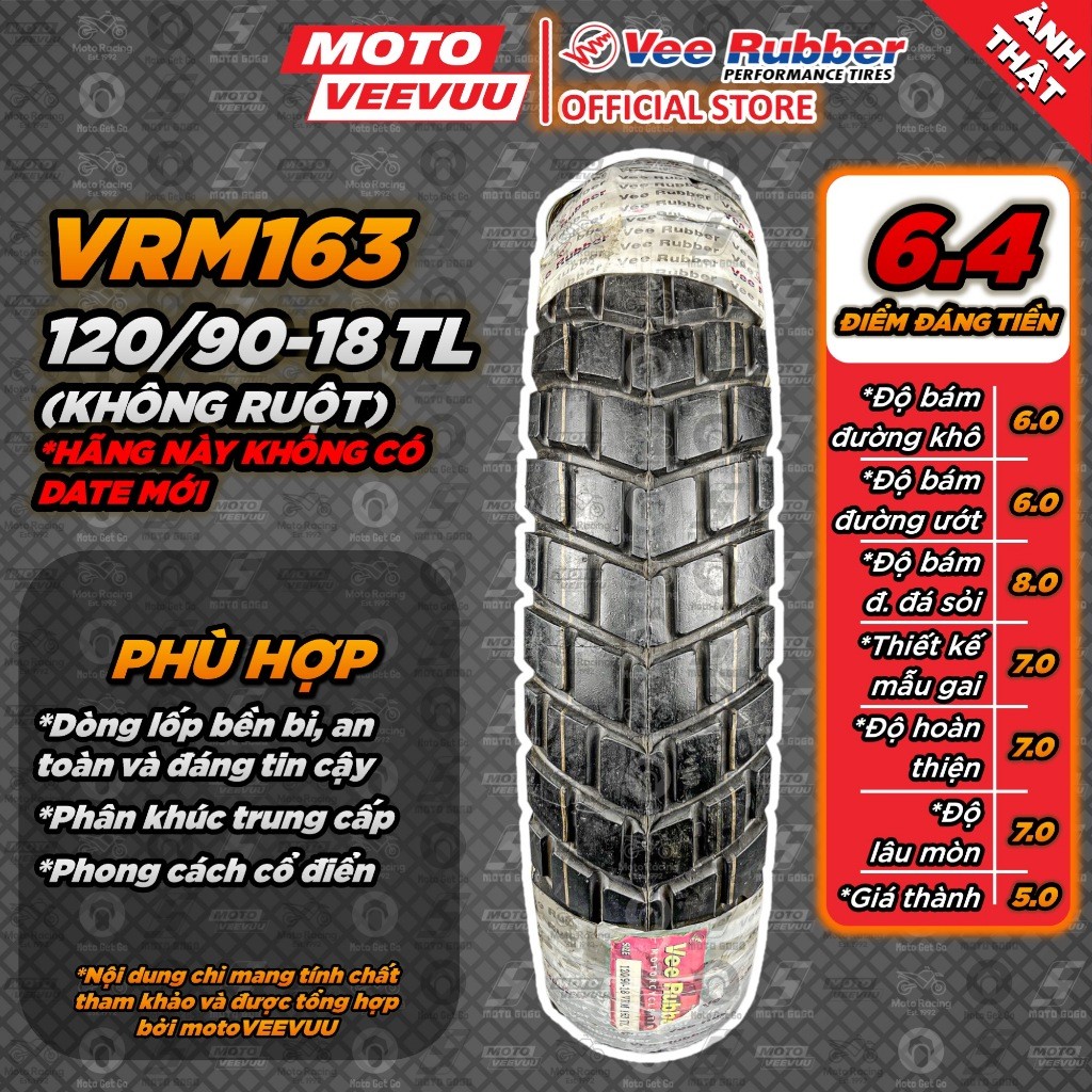 [MTVV] Lốp vỏ xe máy VEE RUBBER 120/90-18 TL VRM163 (Lốp không ruột VeeRubber)<END>