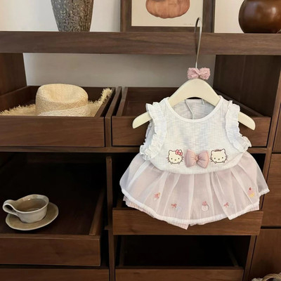 Set Bộ Áo Sát Nách Họa Tiết Nơ Quần Váy Voan Cho Bé Gái 1-7 Tuổi MINTSCLOSET Quảng Châu GA2352
