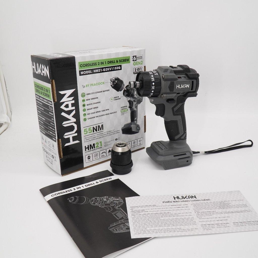 Thân máy khoan Hukan HM21-G2KV1155Q, 2 trong 1, đầu trục 2 trong 1, 21V, 55N.m, chân phổ thông