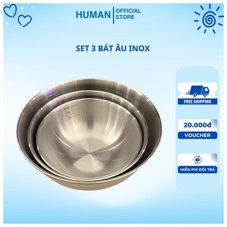 Set 3 bát âu trộn bột thau trộn salad inox 304 có vạch chia dung tích.
